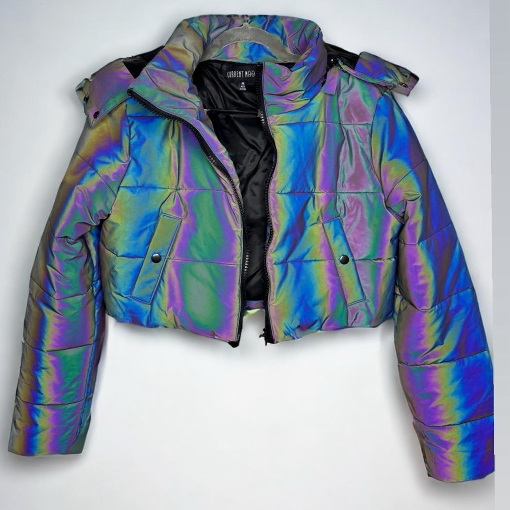 Current Mood cropped puffer jacket with removable horned-hoodie. Size Medium.